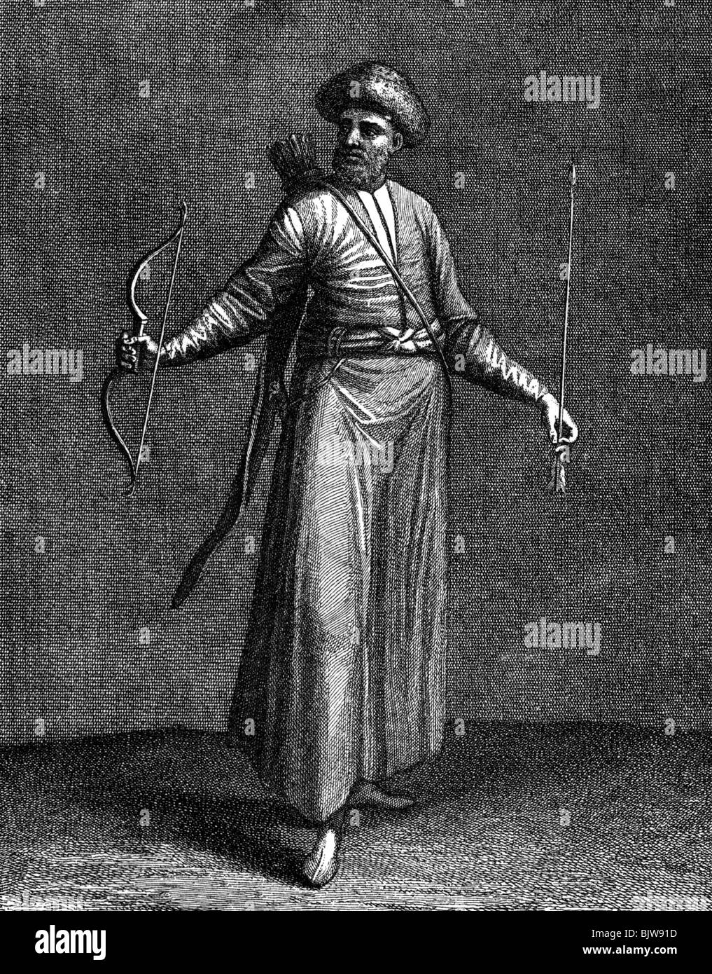 geography / travel, Russia, people, Crimean tatar, copper engraving, 18th century, historic, historical, traditional costume, national costume, dress, traditional costumes, national costumes, dresses, Crimea, arrow, arrows, bow and arrow, full length, archer, bow hunter, bowman, archers, bow hunters, bowmen, Stock Photo
