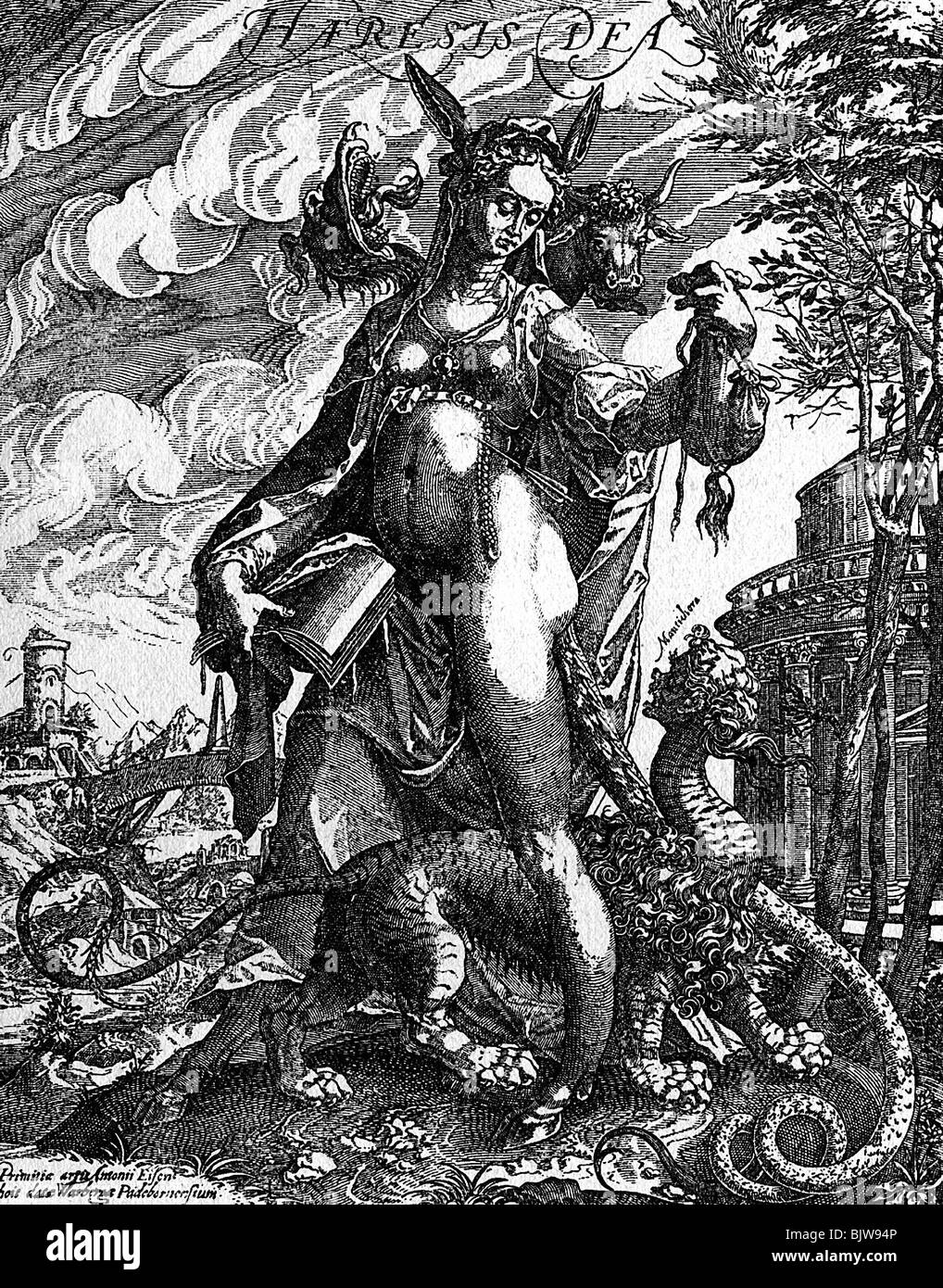 religion, Christianity, allegories, 'Goddess Heresy', as allegory about the false doctrine, copper engraving by Anton Eisenhoit (1554 - 1603), Paderborn, 16th century, , Stock Photo