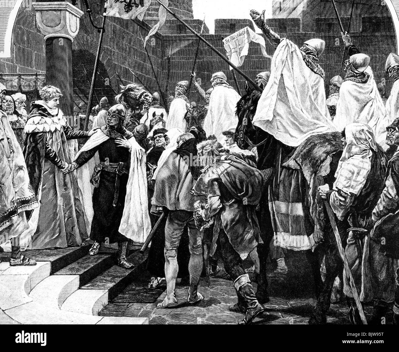 Middle Ages, knights, knight's order, Order of the Teutonic Knights (Ordo Teutonicus Sanctae Mariae in Jerusalem), decampment to Prussia 1226, Stock Photo