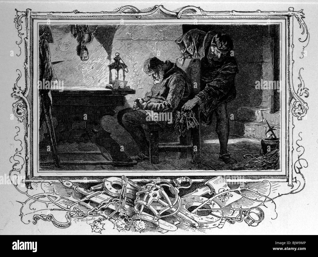 literature, 'Faust I', 25th scene 'dungeon', scene with Faust and guard, woodcut by W. Hecht, circa 1870, Stock Photo