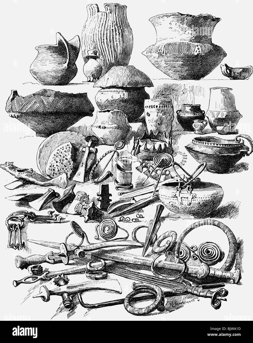 science, arceology, artefacts from the Bronze Age (circa 2200 - 1200 BC), wood engraving, Germany, 19th century, bowls, bowl, sword, swords, knife, knives, pot, pots, necklace, prehistory, armlet, prehistoric, historic, historical, ancient world, Stock Photo