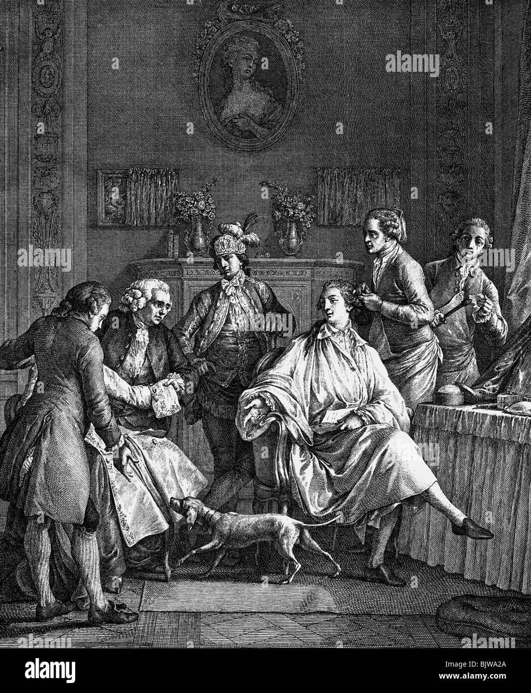 Louis  XVI, 23.8.1754 - 21.1.1793, King of France 10.5.1774 - 21.9.1792, at the morning audience, copper engraving by Jean Michel Moreau the Younger (1741 - 1814), , Artist's Copyright has not to be cleared Stock Photo