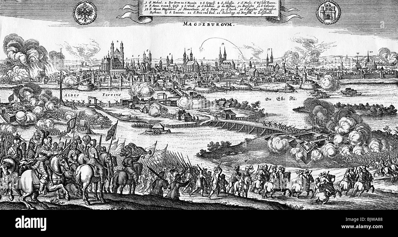 events, Thirty Years War 1618 - 1648, Swedish Intervention 1630 - 1635, Sack of Magdeburg, 20.5.1631, attack on the ramparts, copper engraving by Matthaeus Merian, 'Theatrum Europaeum', 2nd volume, 1632, , Artist's Copyright has not to be cleared Stock Photo