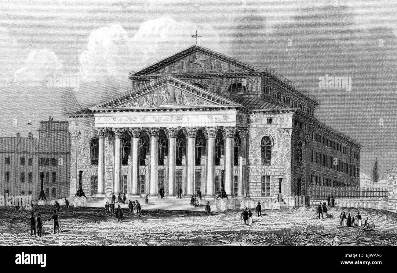 geography / travel, Germany, Munich, Hoftheater (National Theatre), steel engraving, first half of 19th century, historic, historical, theaters, Max-Joseph-Platz, Max Joseph Square, squares, building, buildings, architecture, theater, front side, exterior view, opera house, people, Stock Photo