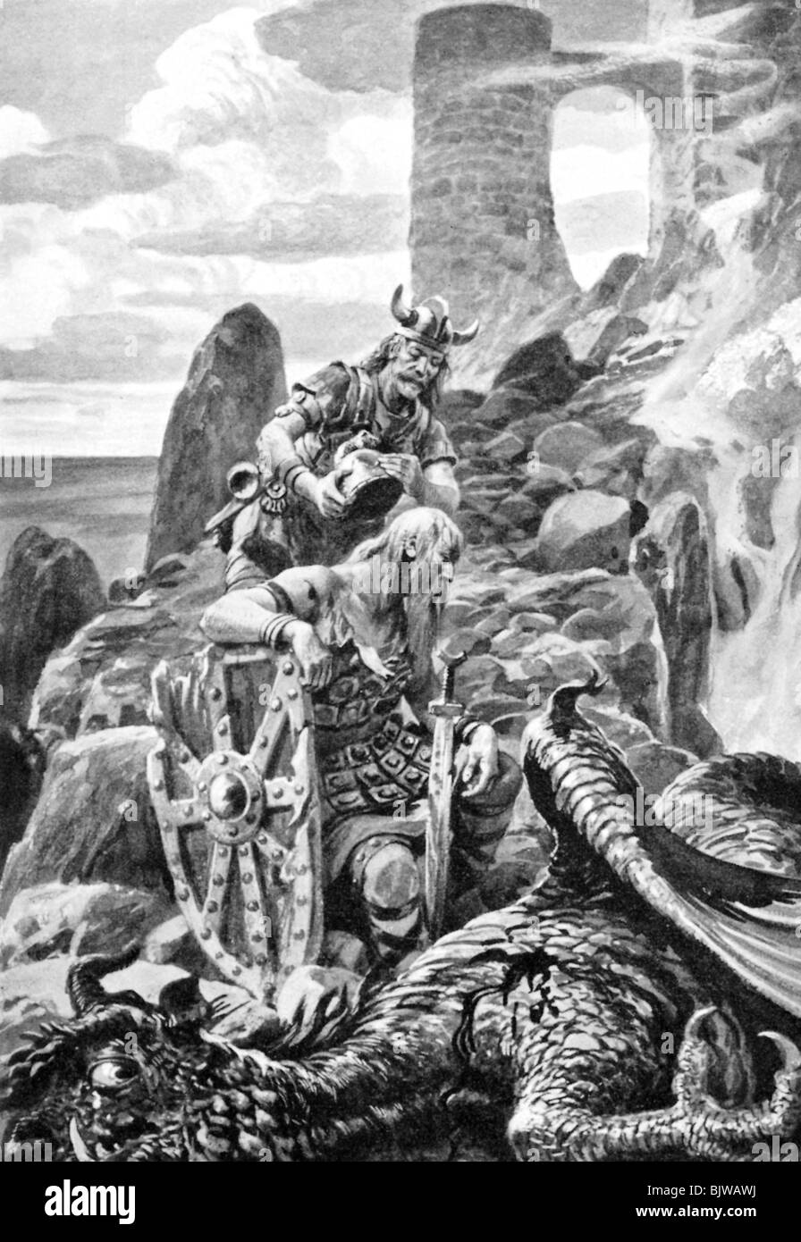 literature, nordic saga, 'Beowulf', Old English heroic epic from 8th century, illustration by Hans W. Schmidt, 1904, Beowulf and Wiglef after the fight with the dragon, Stock Photo
