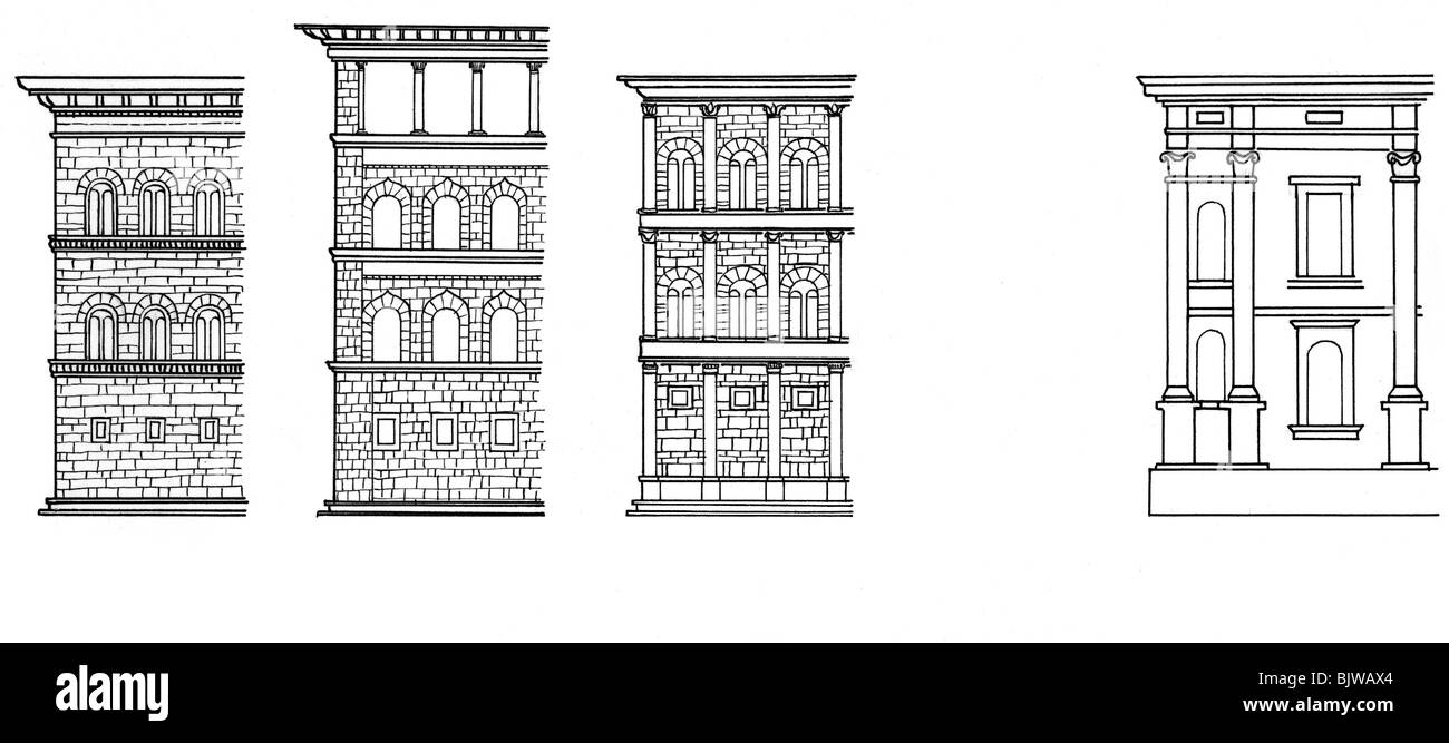 architecture, ground plan, sketches of different house fronts, Renaissance and baroque, historic, historical, floor plans, column, columns, window, windows, detail, layout, layouts, round arch, round arches, cross section, cross-section, cross sections, cross-sections, Stock Photo