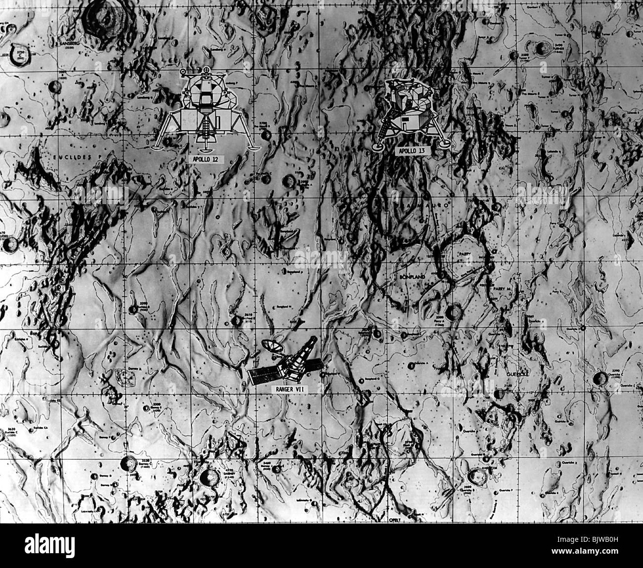 astronautics, missions, USA, Apollo 13, landing map, April 1970, 1970s, 70s, 20th century, historic, historical, outline map, outline maps, map, maps, landing area, space travel, space flight, Stock Photo