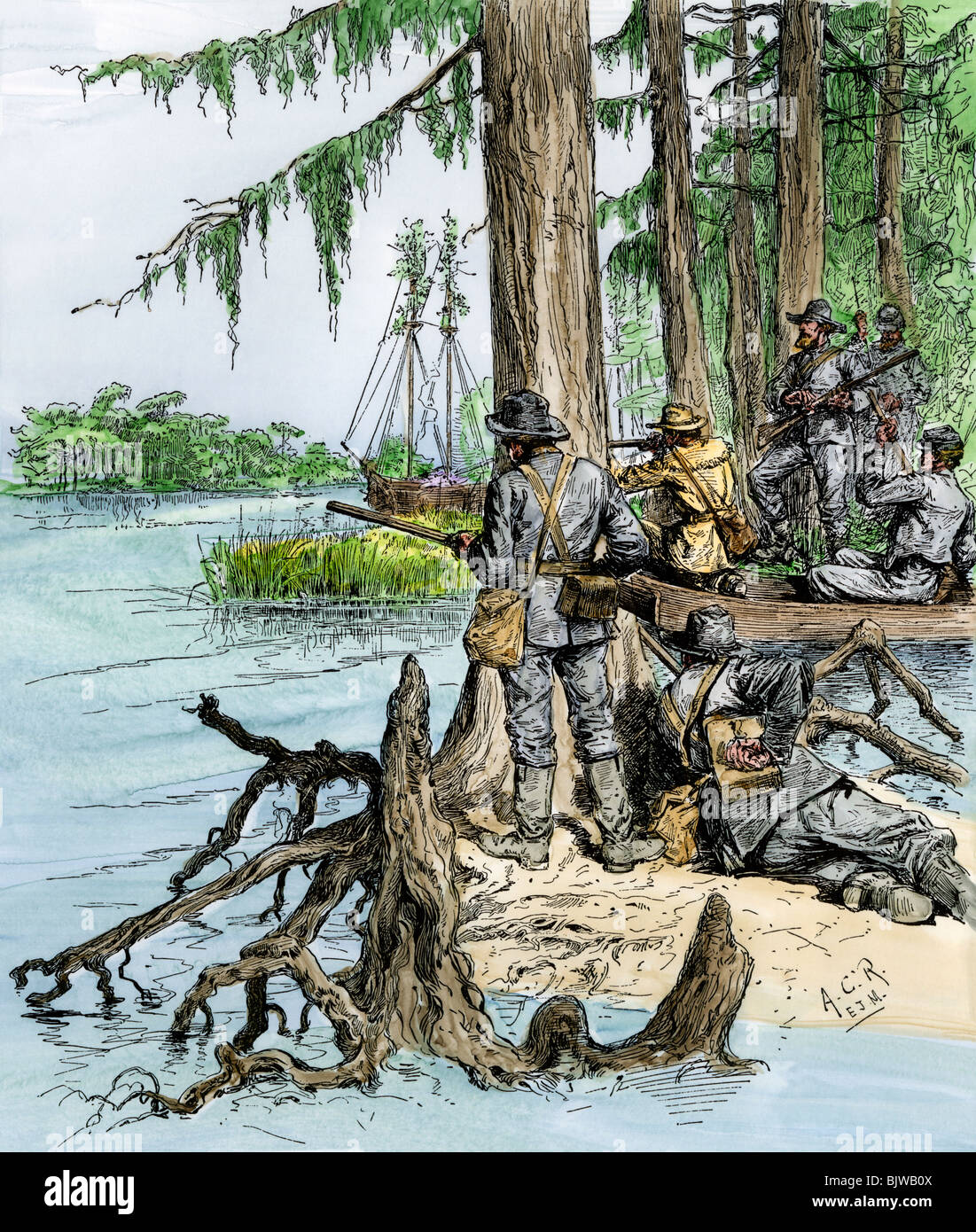 Swamp-hunters attacking Union mortar-boats on Mississippi River, Battle of New Orleans, 1862. Hand-colored woodcut Stock Photo