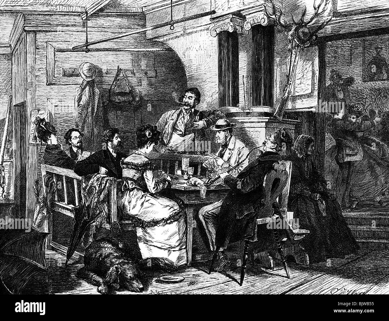 tourism, tourists, townspeople in country inn, country inns, wood engraving after drawing by J. Waffen, circa 1900, Stock Photo