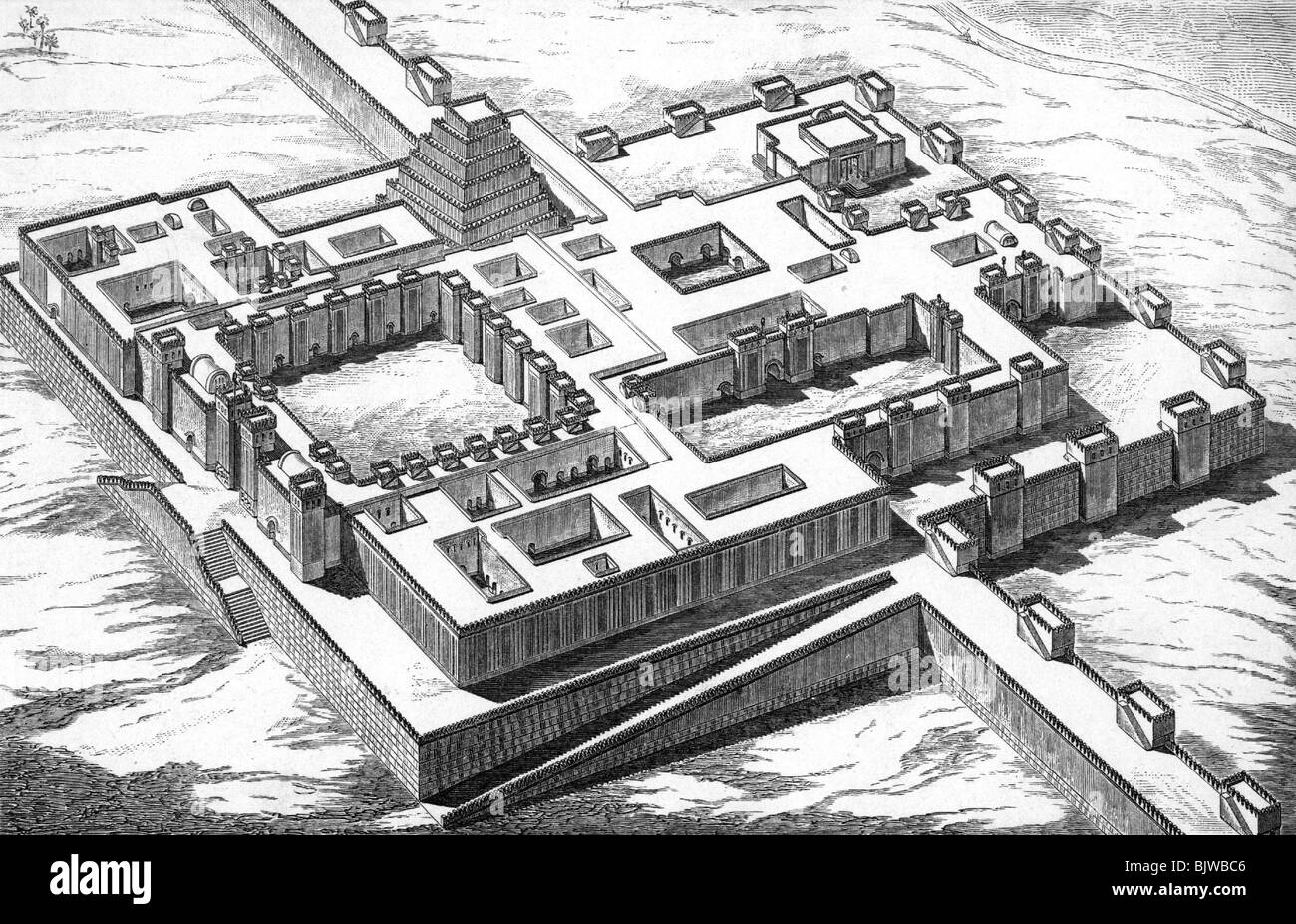 ancient world, Assyria, architecture, palace of King Sargon in Khorsabad, reconstruction after Perrot, wood engraving, 19th century, historic, historical, fortress, fortresses, Ziggurat, Dur-Sharrukin, fort, forts, castle, castles, building, buildings, ancient world, people, Stock Photo