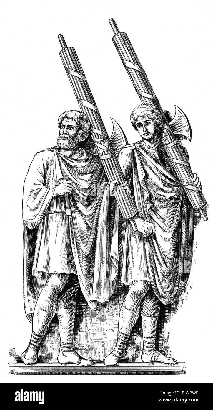 ancient world, Roman Empire, people, lictors with rod bundle (Fasces), after victory, triumphal column of Marcus Aurelius, Rome, circa 190 AD, drawing, 19th century, historic, historical, lictors, civil servant, civil servants, symbol of power, carried in front of municipal authorities, axe, rods, sagum, soldier coat, coats, Trajan's column, clipping, cut out, cut-out, cut-outs, ancient world, Stock Photo