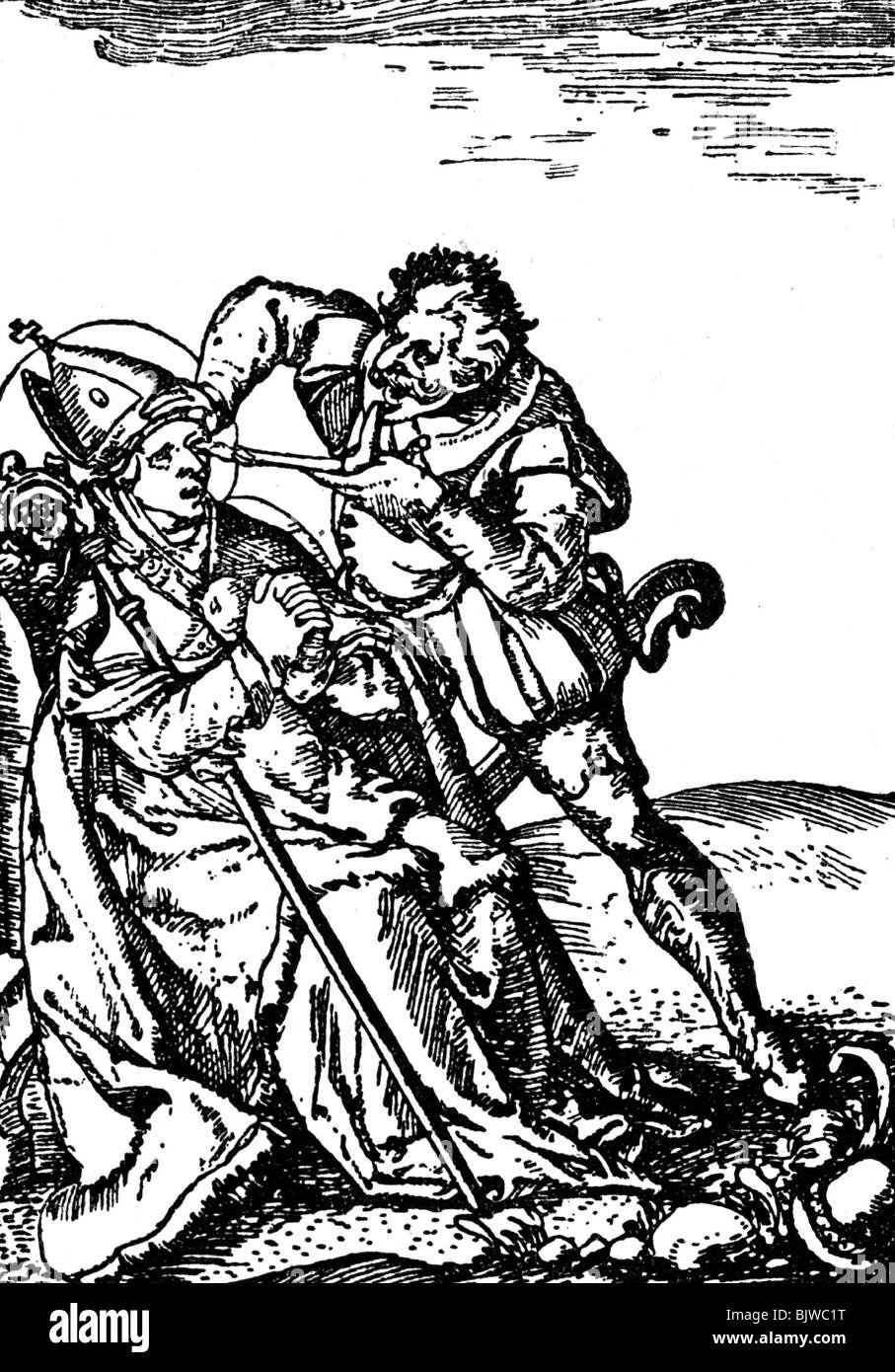 justice, inquisition, convicts, blinding of a heretical bishop, woodcut, 16th century, historic, historical, heretic, heretics, religious persecution, spiky iron, executioner, executioners, clergyman, Christianity, Catholic, penitentiary system, execution, punishment, punishments, penalty, penalties, people, Stock Photo