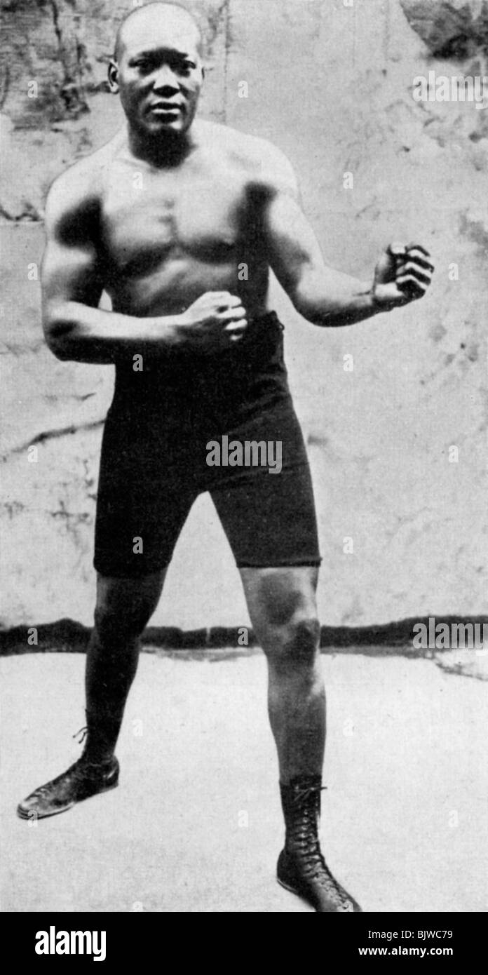 Jack Johnson, the first black world heavyweight boxing champion, 1908  (1951). Artist: Unknown Stock Photo - Alamy