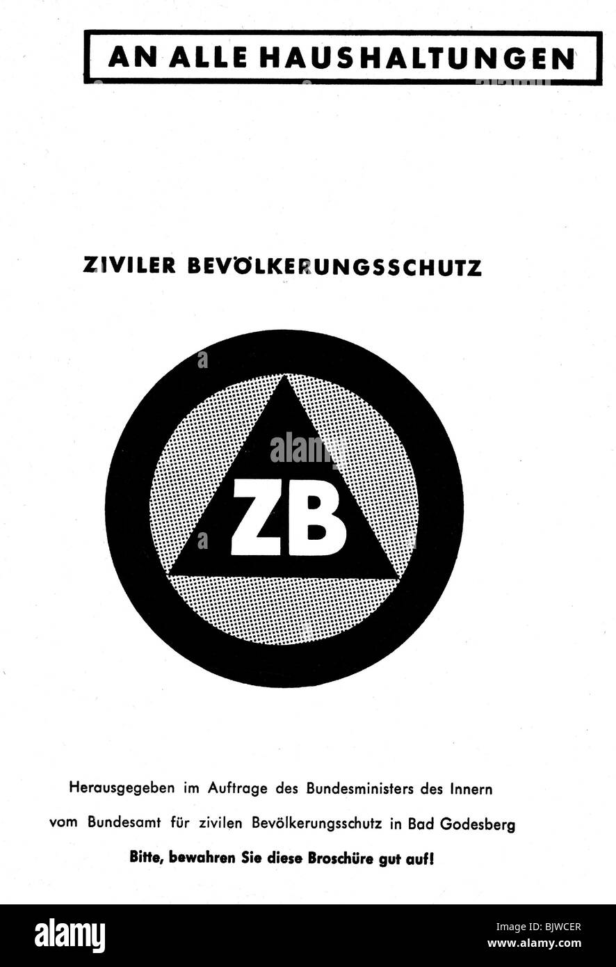 Symbols, Federal Office of civil defence, emblem on brochure, Germany, circa 1955, Stock Photo