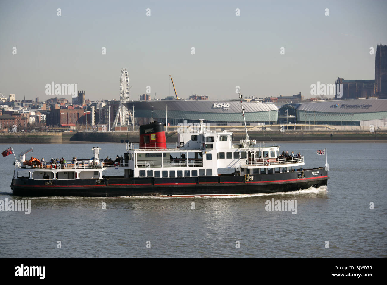 City of Liverpool, England. The Mersey Ferry MV Royal Iris crossing the River Mersey from Birkenhead Woodside Ferry Terminal. Stock Photo