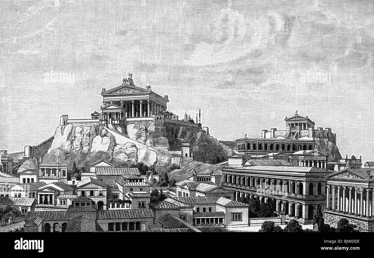 geography / travel, Italy, Rome, Capitoline Hill, Temple of Jupiter Capitolinus, citadel with Temple of Juno Moneta, view, early 1st century AD, reconstruction, wood engraving, 19th century, Centum gradus, Asylum, Tabularium, Temple of Castor and Pollux, Basilica Julia, Arx, ancient world, antiquity, architecture, Roman Empire, mons Capitolinus, historic, historical, ancient world, Stock Photo