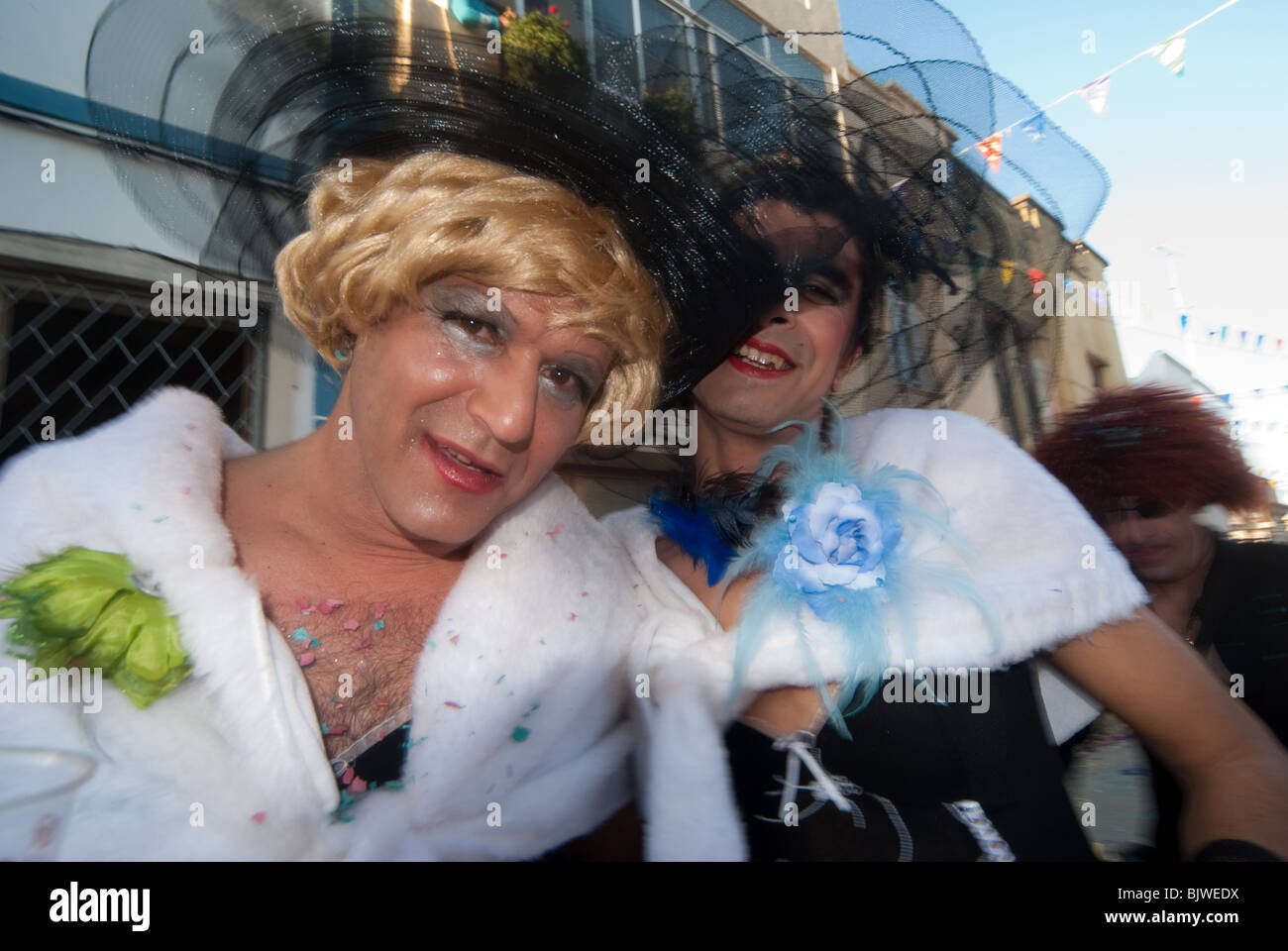 men dressed as women carnival Algarve Portugal Stock Photo