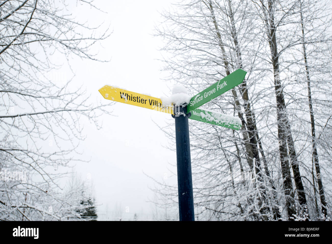 Whistler sign post after a light snowfall. Whistler BC, Canada Stock