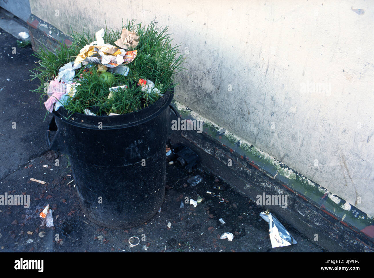 A full bin, so rarely emptied that grass is growing in it. Cardiff