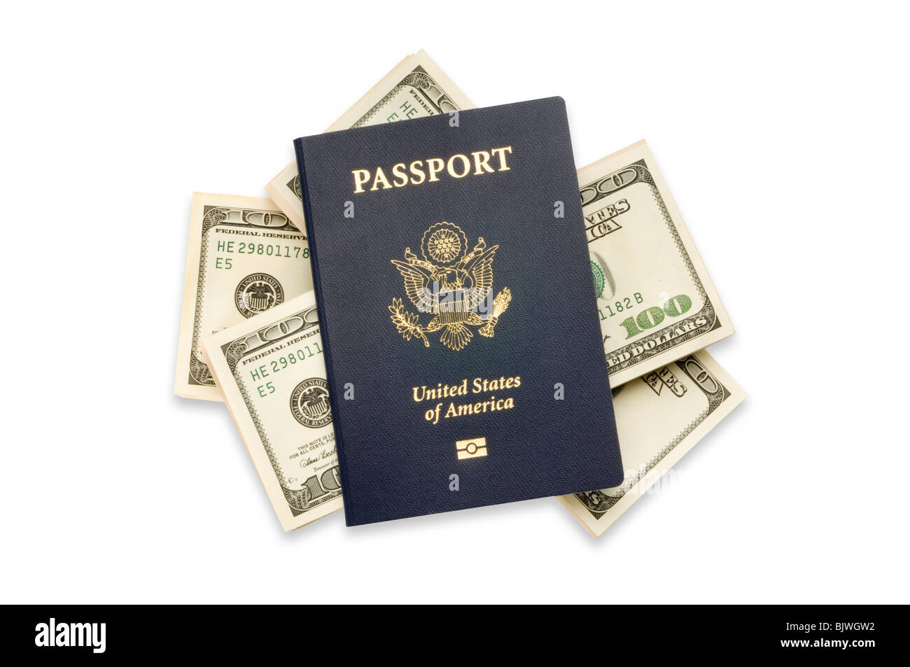 American passports with money on white Stock Photo