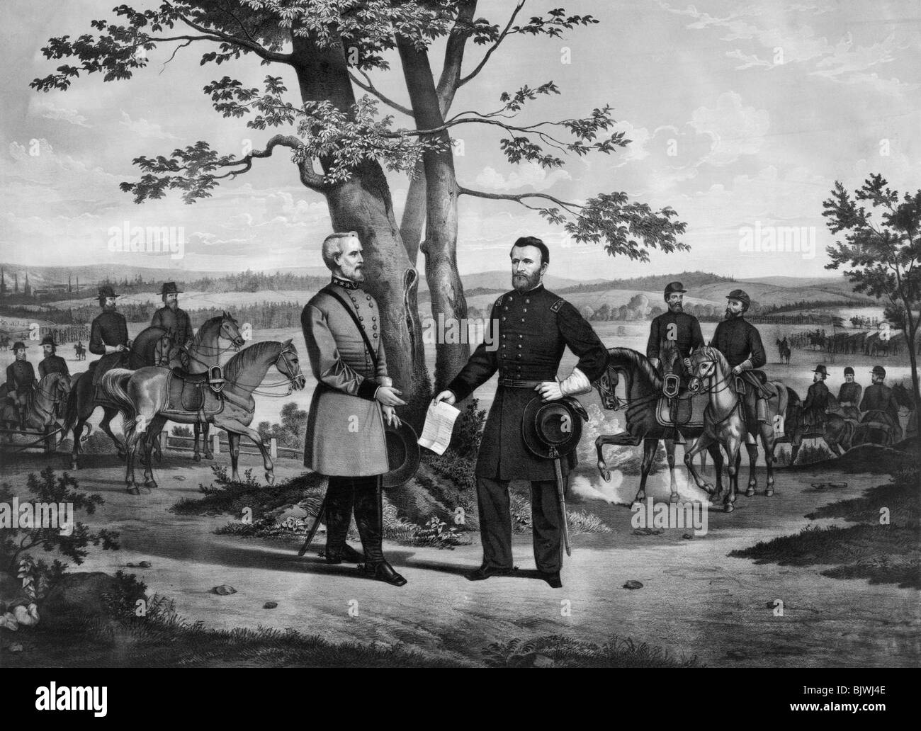 Vintage print depicting Confederate General Robert E Lee surrendering to Union General Ulysses S Grant on April 9 1865. Stock Photo