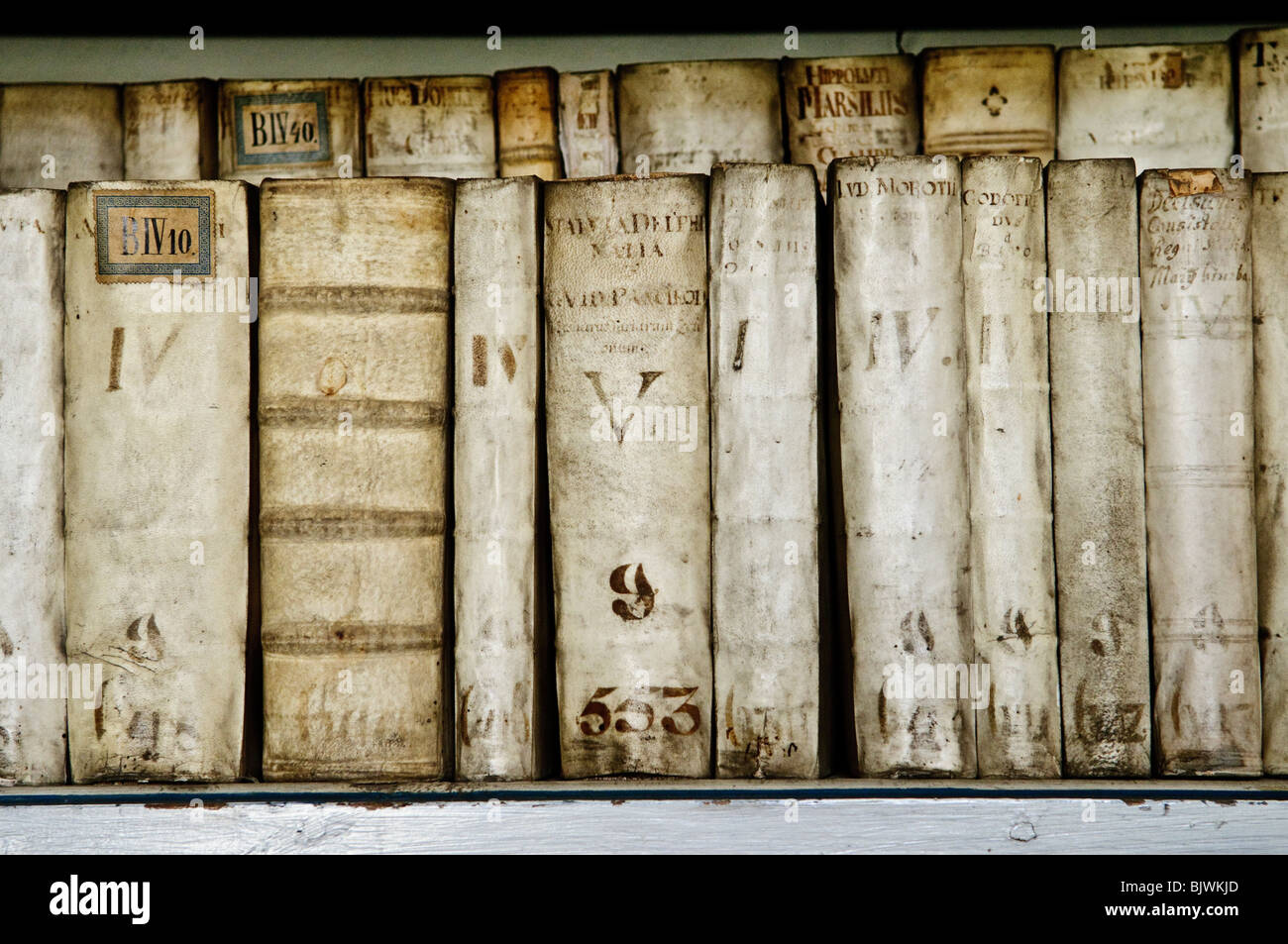 PRAGUE, Czech Republic - Very old books in the collection of the Strahov Library. Stock Photo