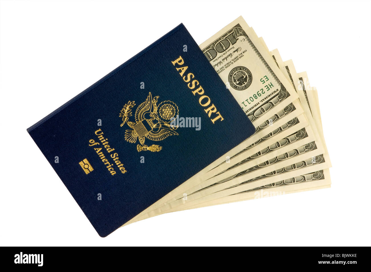 American passports with money on white Stock Photo