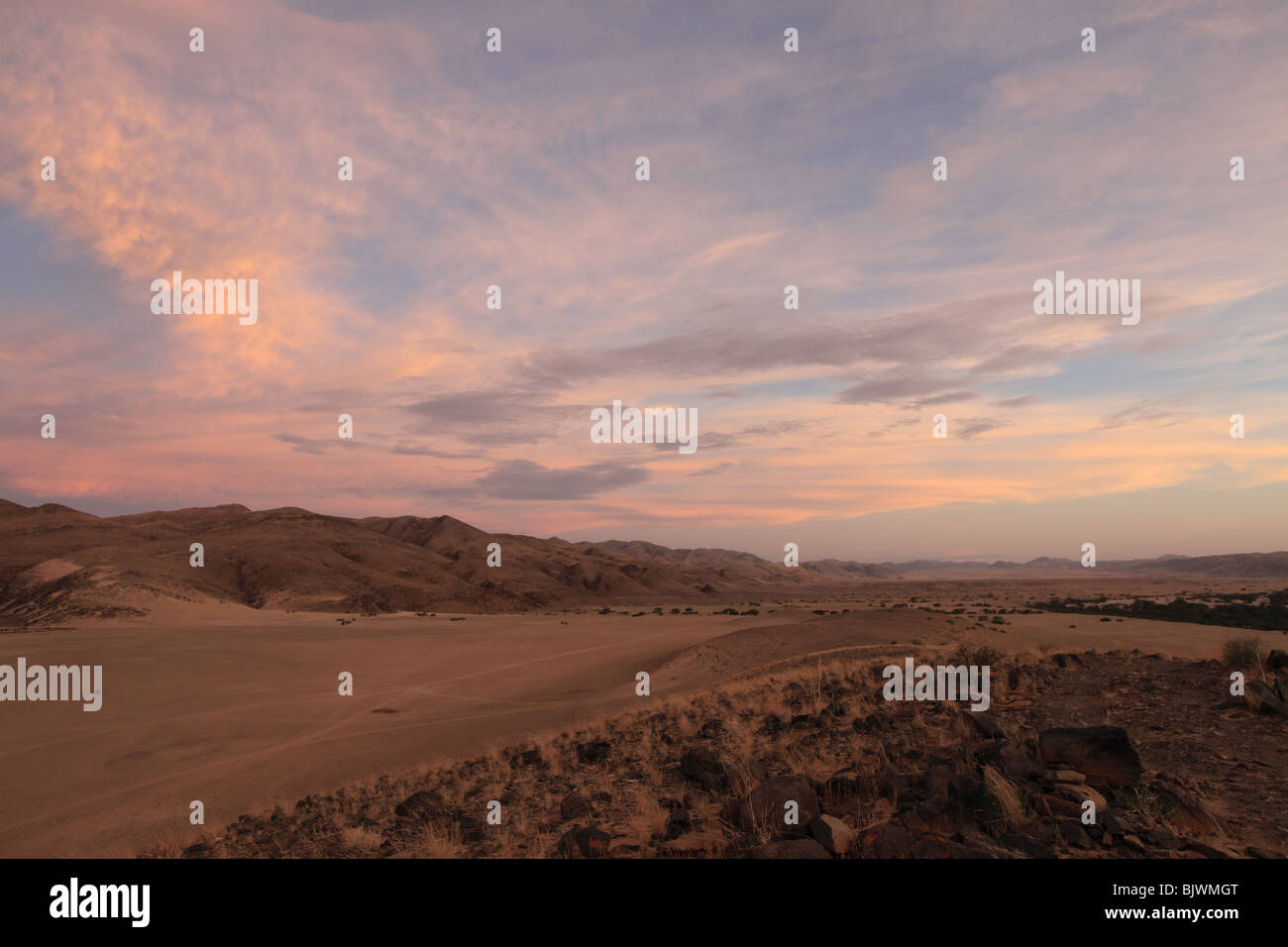 View of Hoarusib valley in Kaokoland Namibia at Sunset Stock Photo