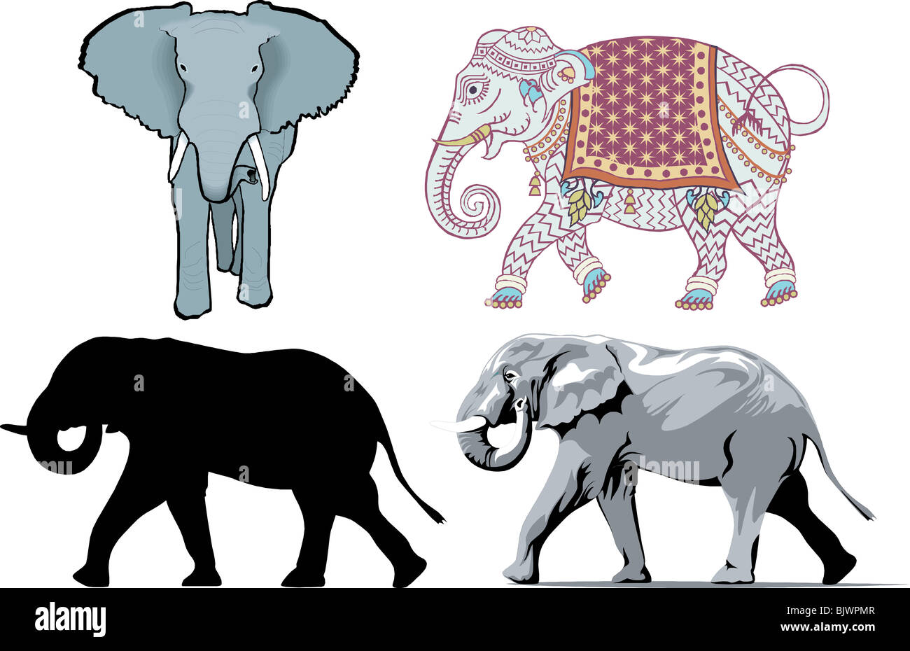 Vector Illustration of 4 different styles of Elephants. Stock Photo