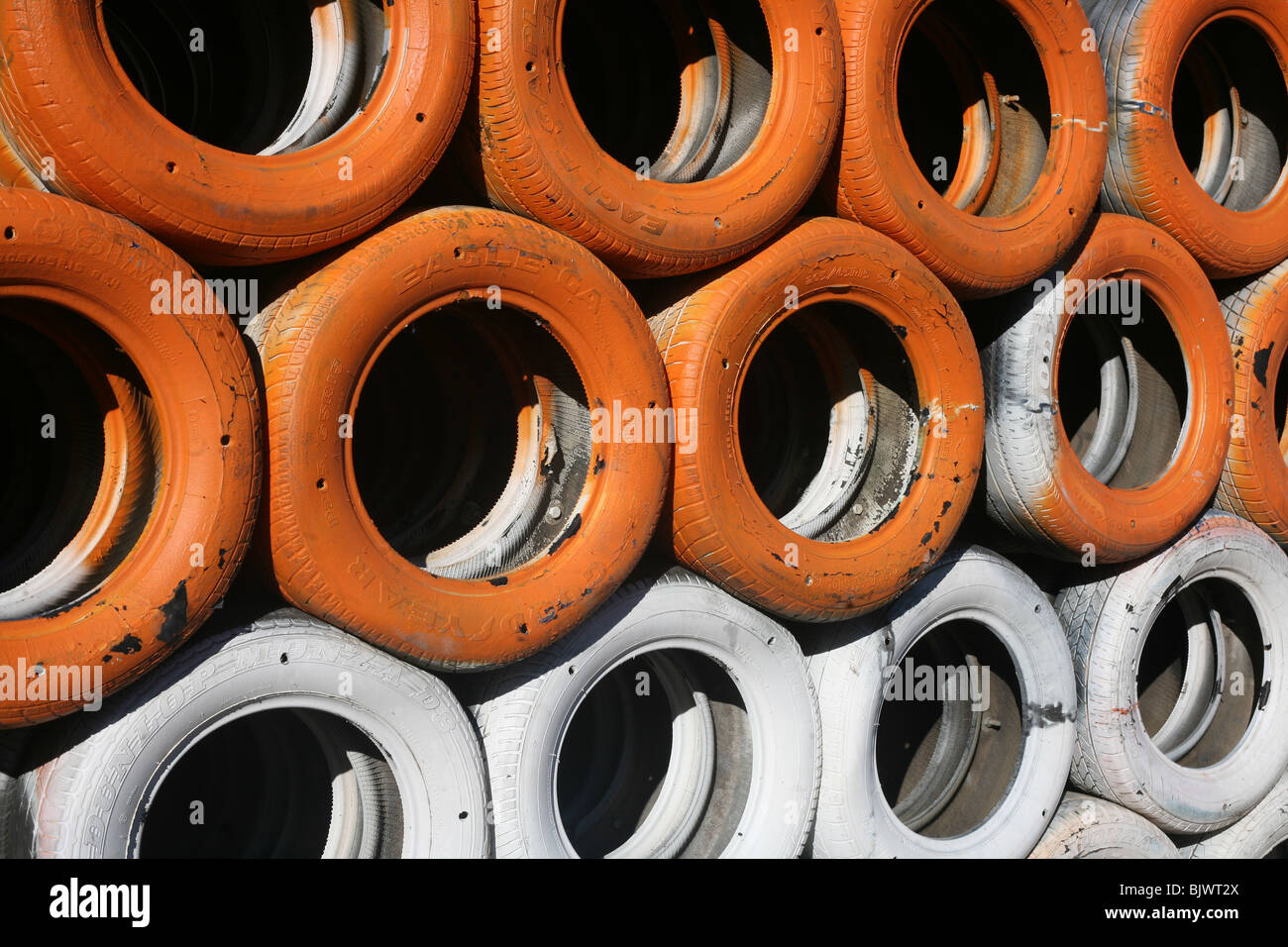 Rows of tires as a crash barrier at the grand prix Formula One Stock Photo