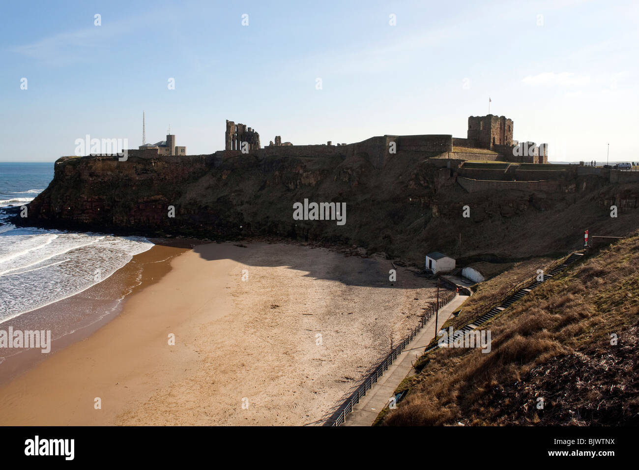 Tynemouth Priory castle overlooking the beach at King Edwards bay' Tynemouth, on the North East coast of England Stock Photo