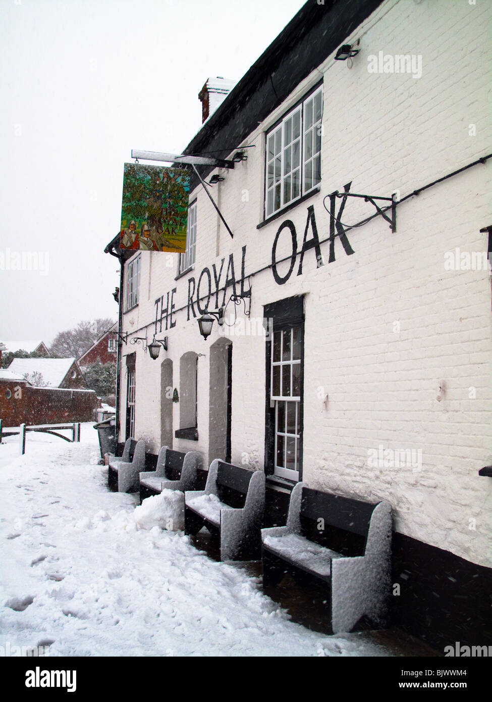 The Royal Oak, Langstone in the snow Stock Photo