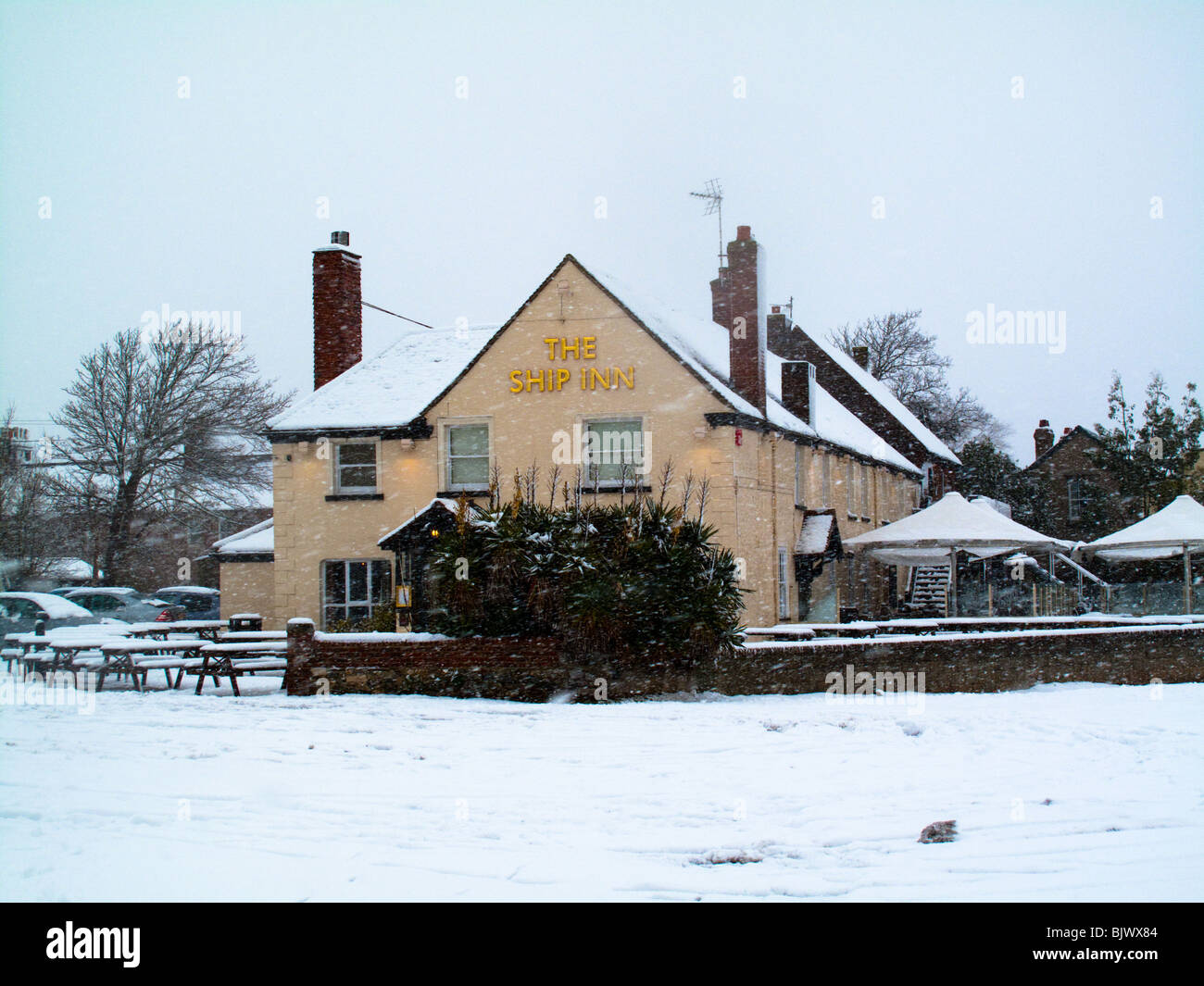 The Ship Inn, Langstone, In the snow Stock Photo