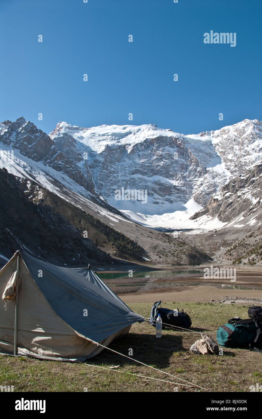 Camping tent at the Fan Mountains in Tajikistan. Stock Photo