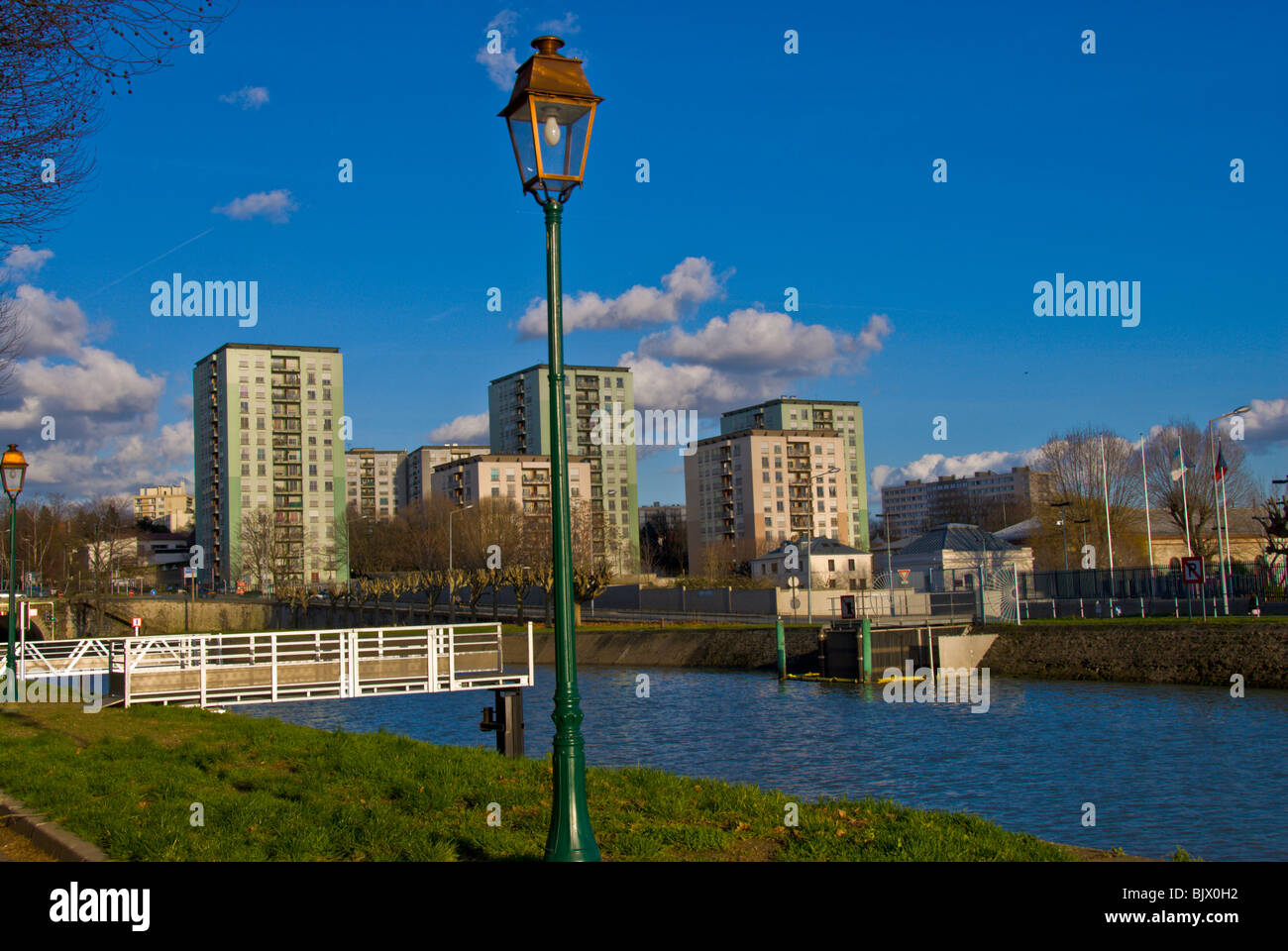 Paris, France,  Architecture, Modern Apartment City Buildings in St. Maurice, Suburb, on Canal, hlm france, Parisian suburbs, housing projects, france suburb residential immobilier Stock Photo