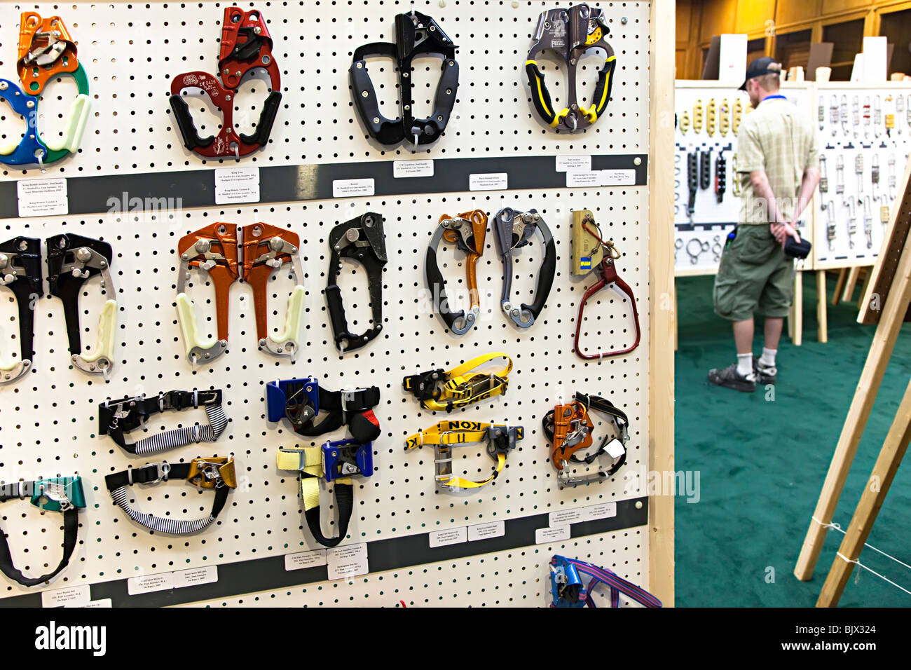 Caving and climbing SRT ascenders on display boards Texas USA Stock Photo