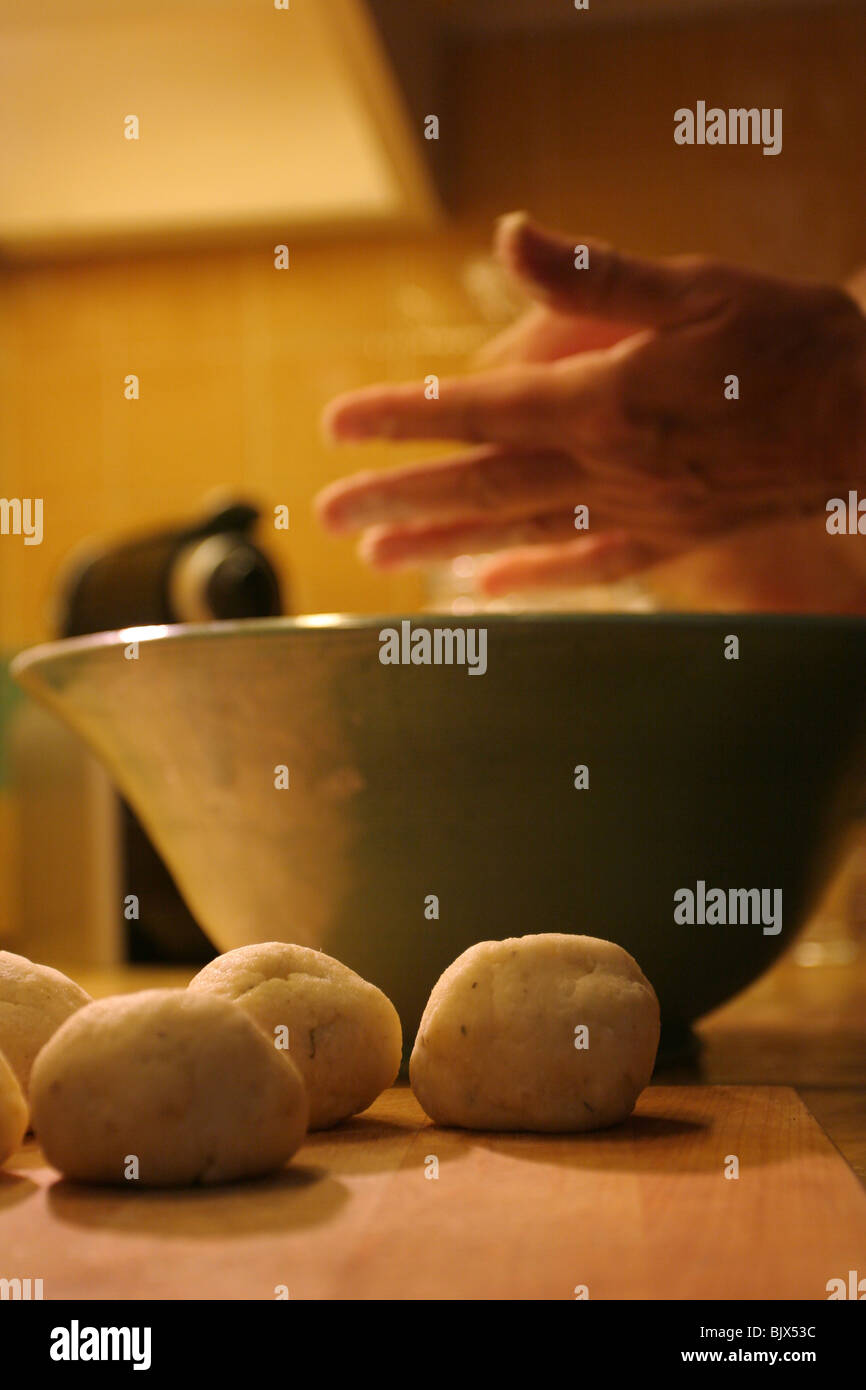 Knödel, German dumplings, are prepared before being boiled. Stock Photo