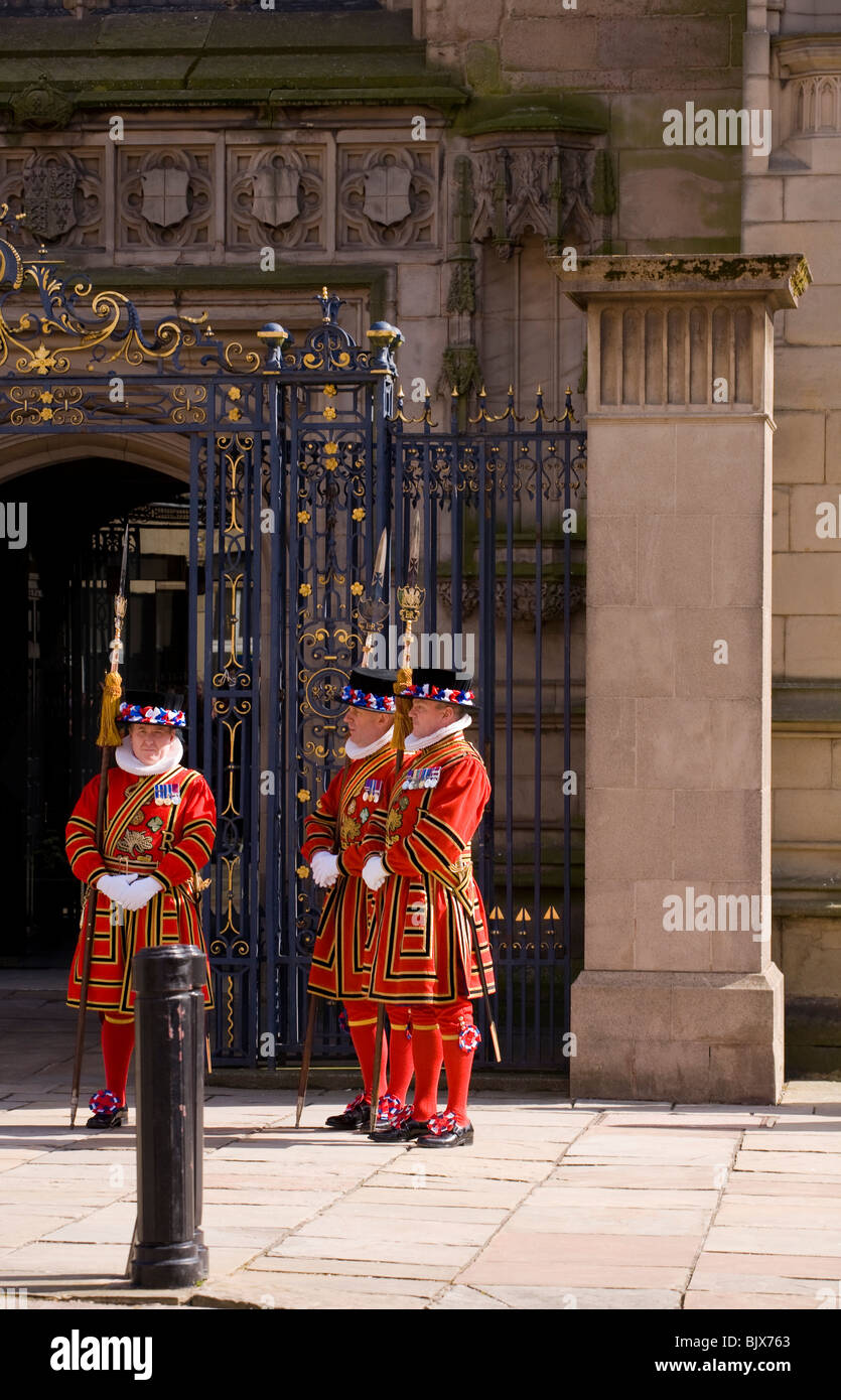 Beefeaters line up outside Derby Cathedral ready to receive The Queen upon her arrival for the Maundy Thursday Easter Ceremony. Stock Photo