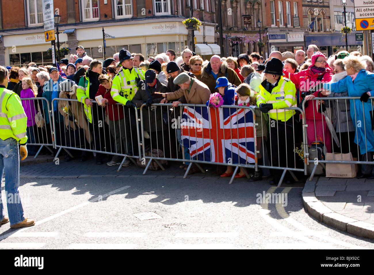 Police attending to crowd control in Derby City centre when The Queen arrives at the Cathedral for Maundy Thursday ceremony. Stock Photo