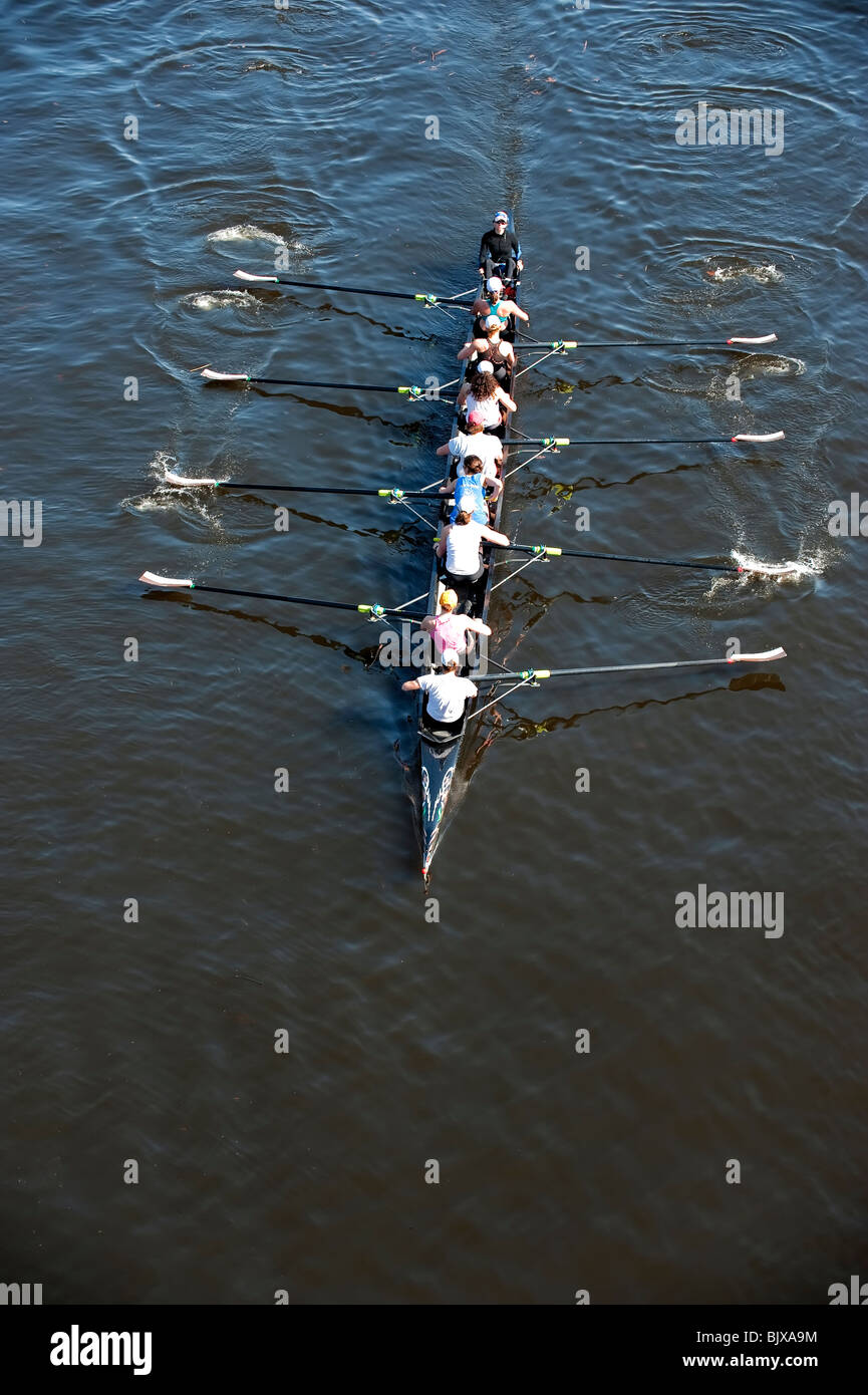 rowing a scull boat Stock Photo