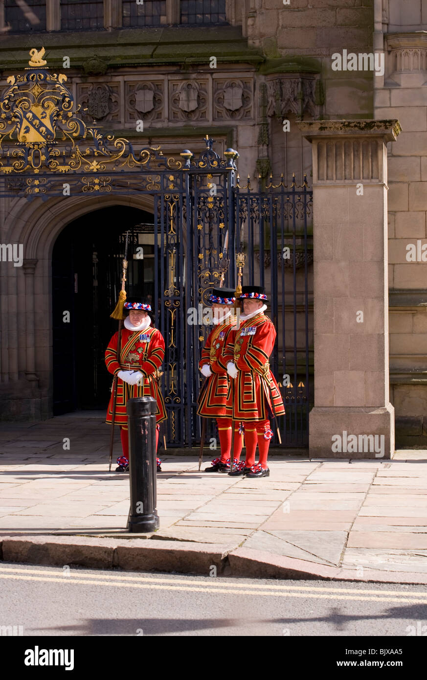 Beefeaters line up outside Derby Cathedral ready to receive The Queen upon her arrival for the Maundy Thursday Easter Ceremony. Stock Photo
