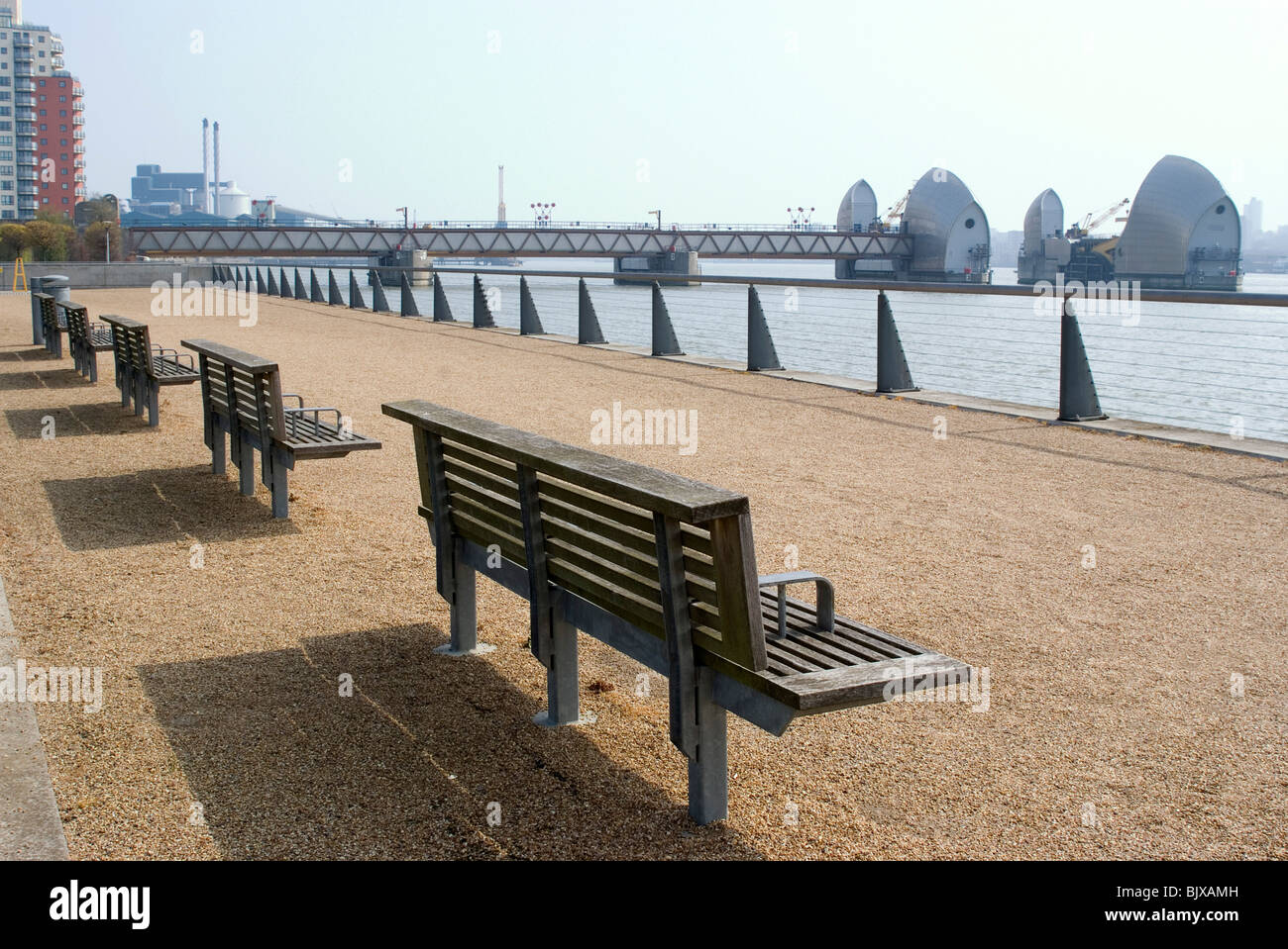 View of the Thames Barrier from the north shore, London, England. Stock Photo