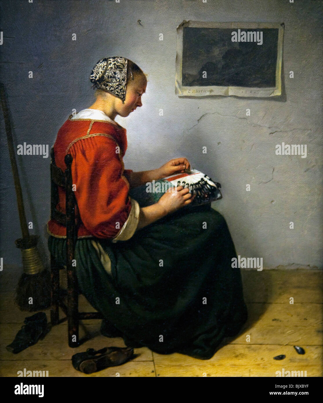 Lace-maker painted by Caspar Netscher 1664 Wallace Collection London England Great Britain United Kingdom UK GB British Isles Stock Photo