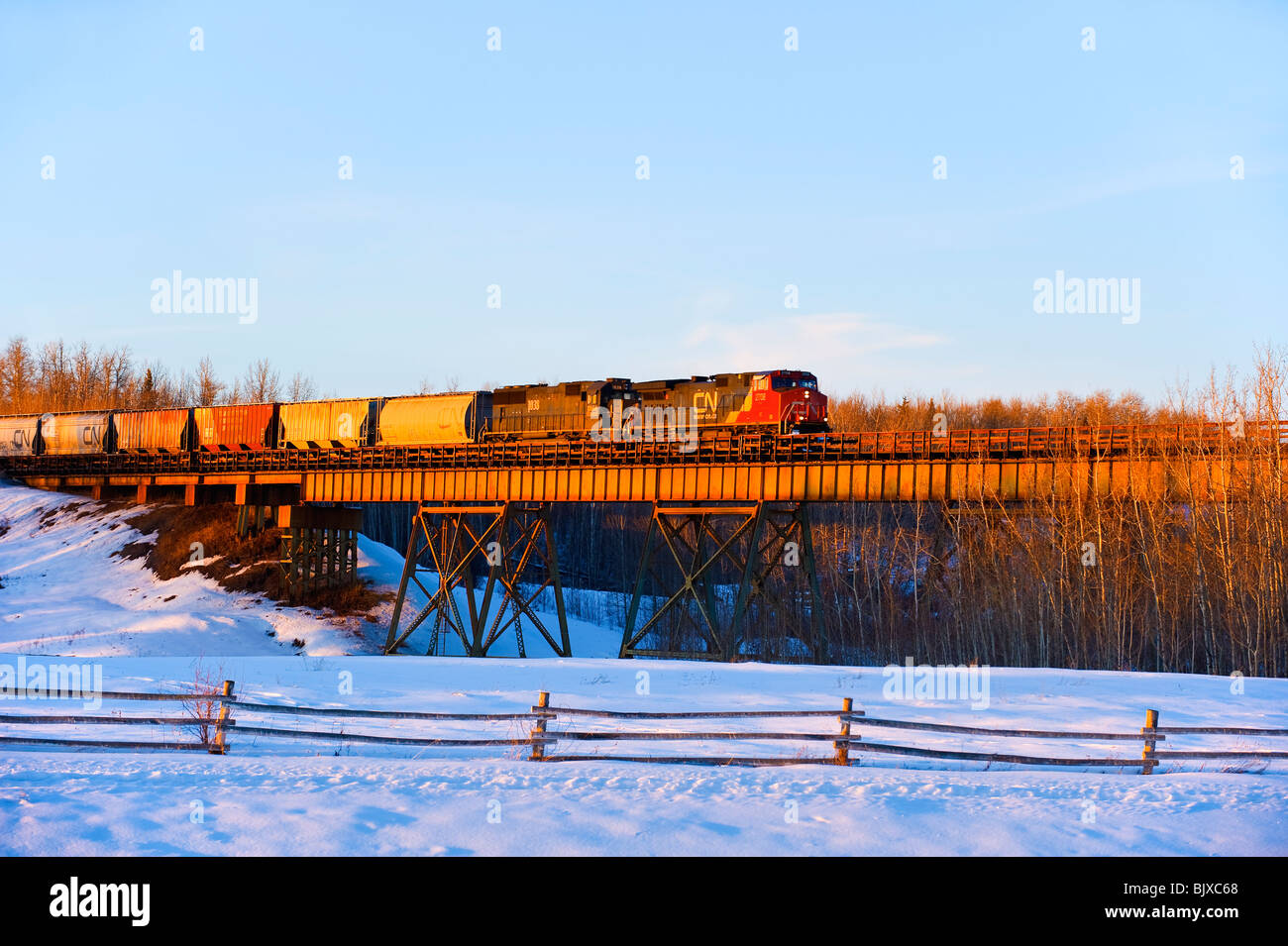 A winter scenic of a Freight train Stock Photo