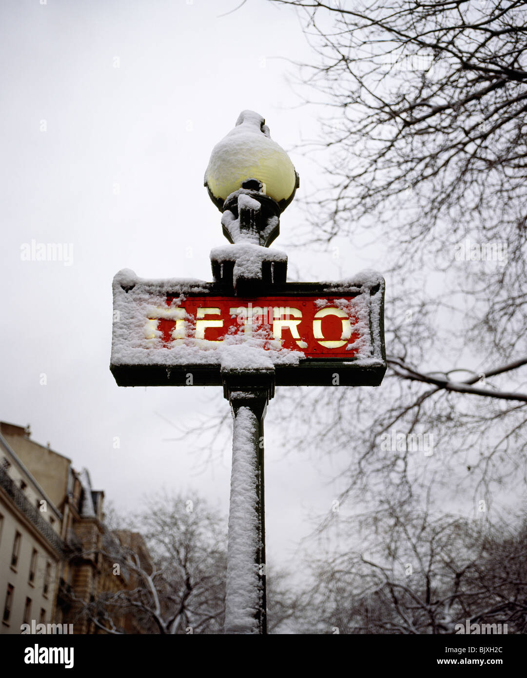 Metro sign covered by snow Stock Photo