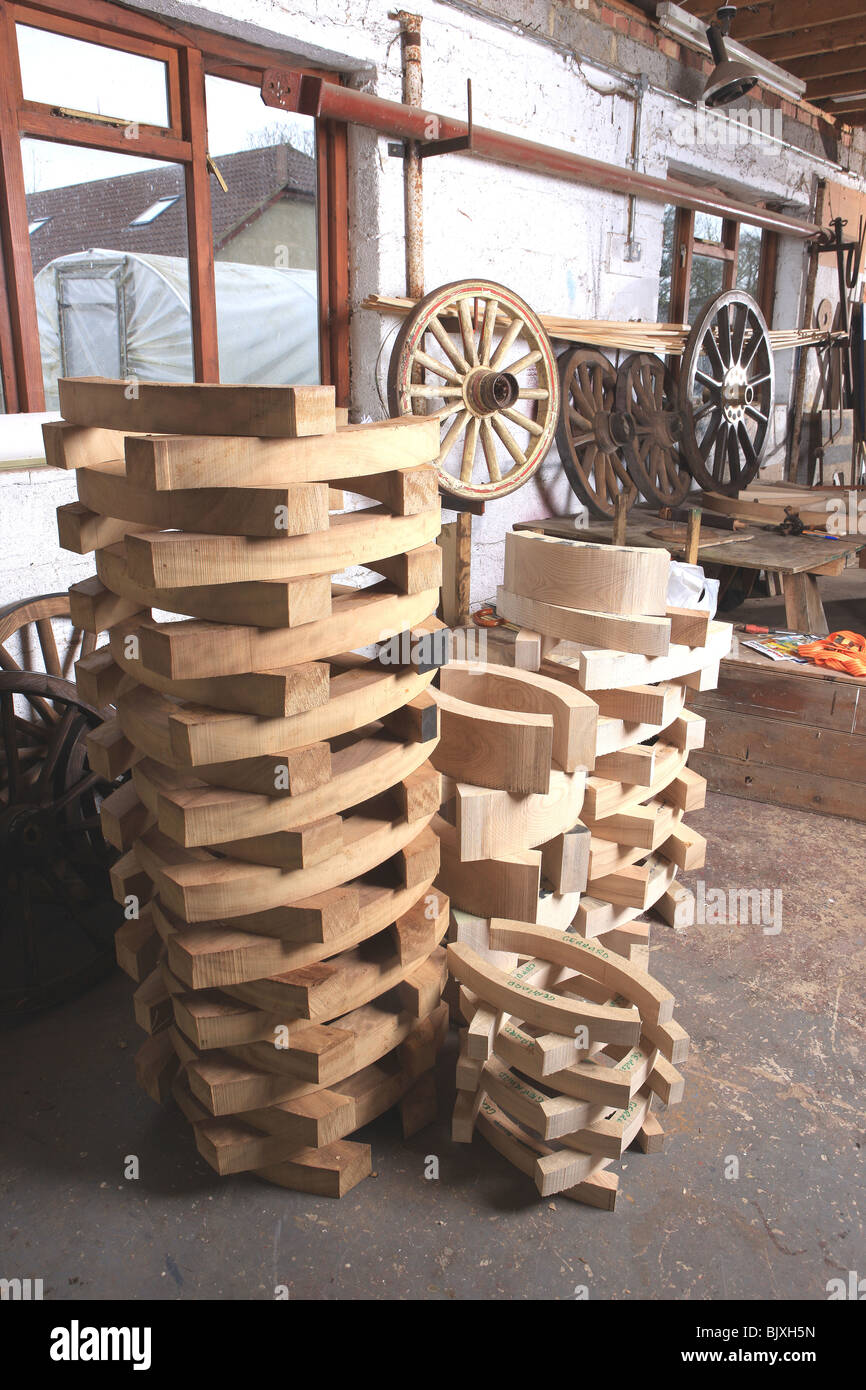 Parts of the rims for wheels used by traditional wheelwright Greg