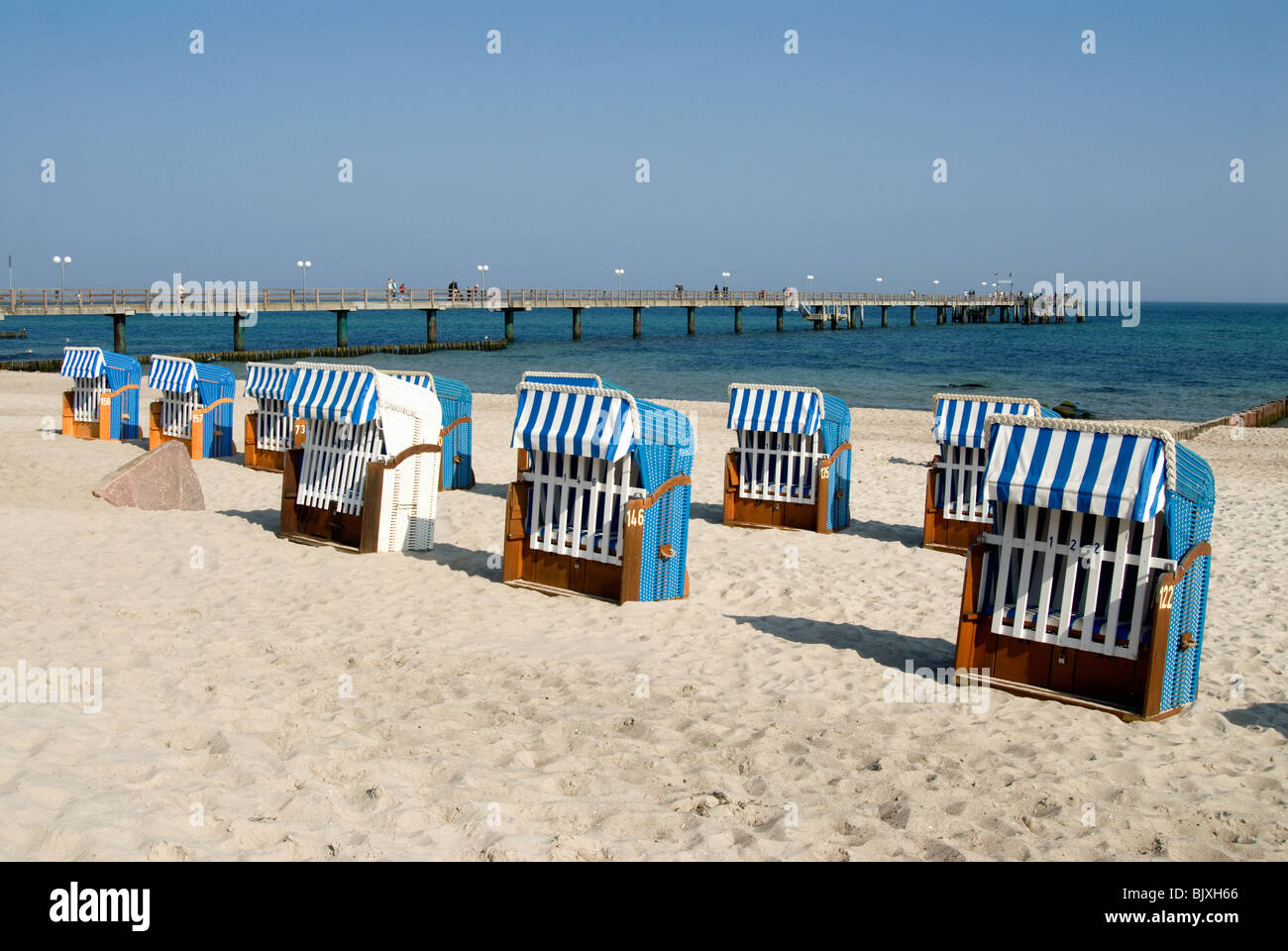 Beach chairs at the beach of Kuehlungsborn, Germany, Baltic Sea, Mecklenburg-Western Pomerania. Stock Photo