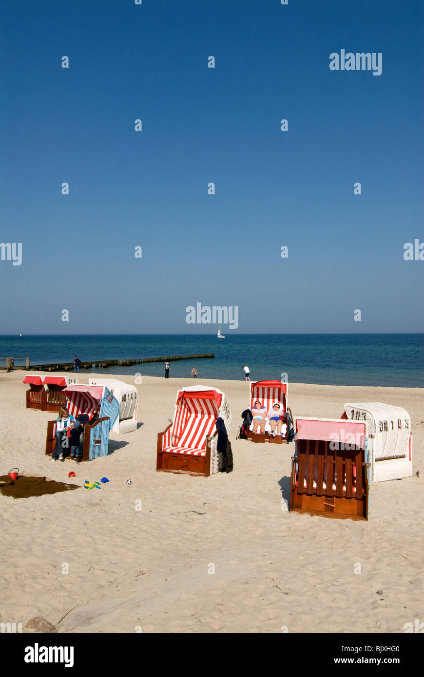 Beach chairs at the beach of Kuehlungsborn, Germany, Baltic Sea, Mecklenburg-Western Pomerania. Stock Photo