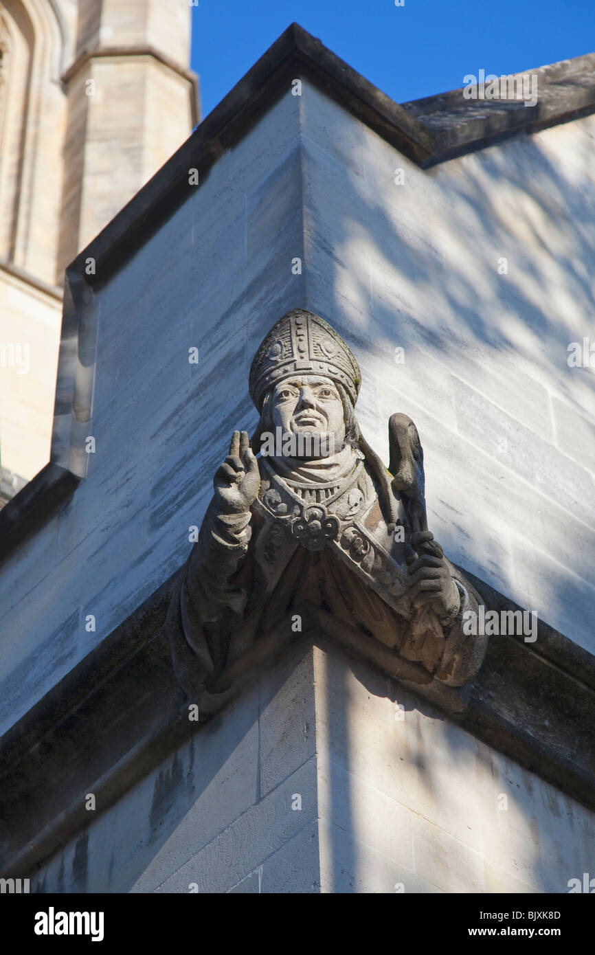 Carving of Bishop on chapel tower of Magdalen College Oxford England UK United Kingdom GB Great Britain British Isles Europe Stock Photo