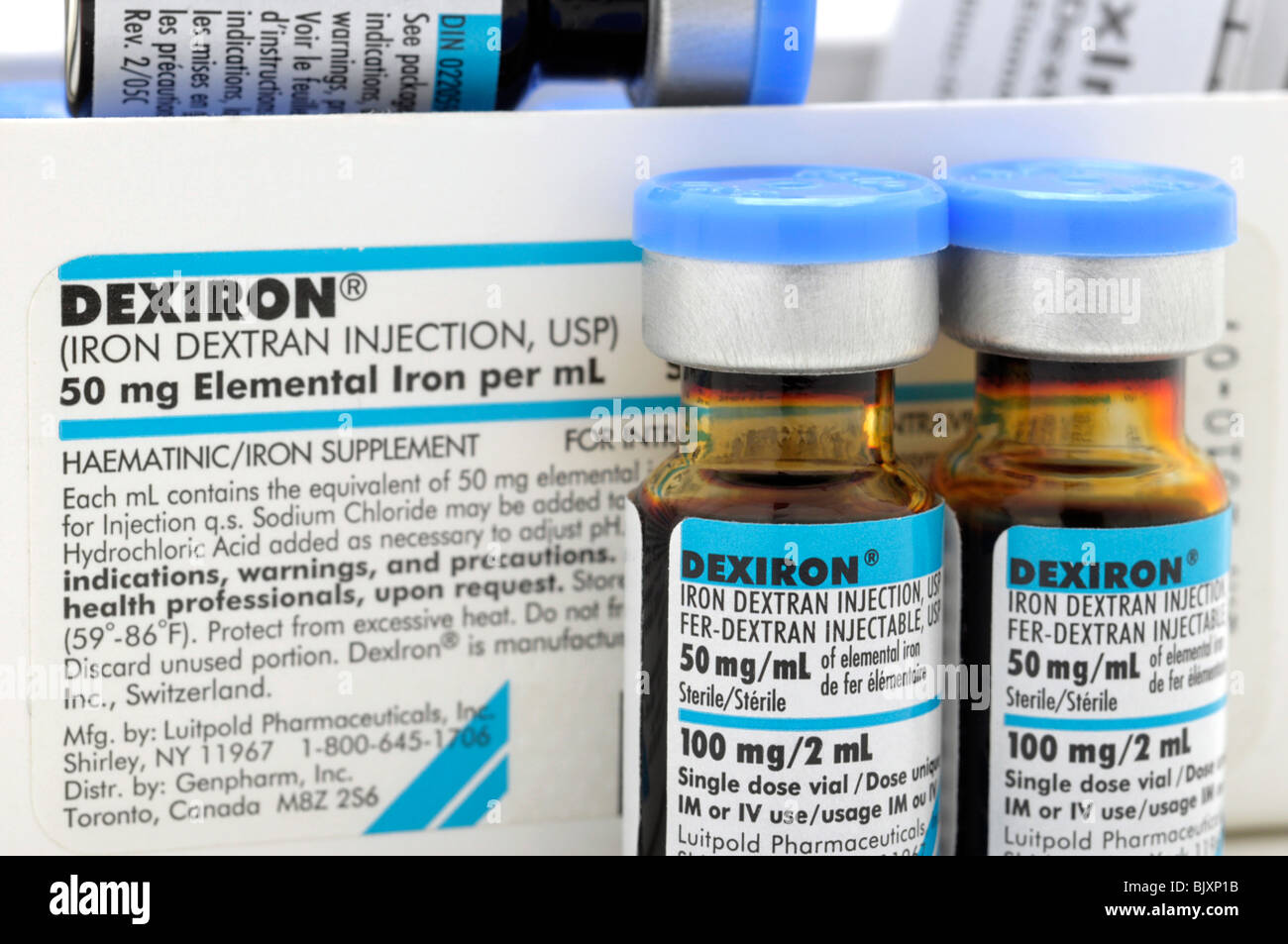 Vials of Injectable Iron Liquid  - indicated for Iron deficiency. Stock Photo
